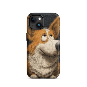 Puede incluir: Funda de teléfono con una ilustración de dibujos animados de un perro corgi. El perro tiene pelaje marrón y blanco, orejas grandes y una cara sonriente. La funda es negra con un recorte para la cámara.