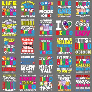 Könnte beinhalten: Eine Sammlung farbenfroher Bingo-Grafikdesigns auf grauem Hintergrund. Die Designs zeigen Texte wie "Life is a Game", "Bingo Mode On" und "Crazy Bingo Lady" zusammen mit Bingokugeln und Daubern.