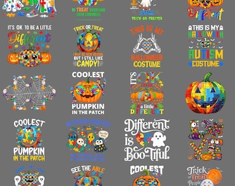Quebra-cabeça colorido de fantasmas de Halloween com fita para conscientização do autismo (PNG) | Download digital