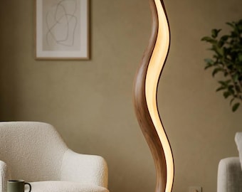 Modern Wooden Floor Lamp, Sculptural LED Standing Lamp, Handmade Wood Floor Light, Minimalist Living Room Lighting,