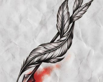 Feather Arrow Tattoo Design PNG | Boho Tribal Feather Art Black Ink Tattoo Flash | Instant Digital Download Fine Line Feather Illustration