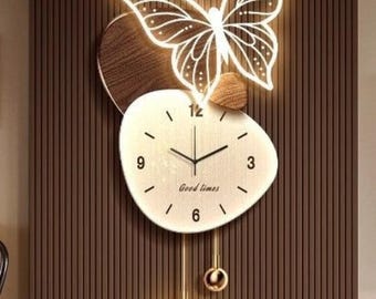 Modern LED Butterfly Wall Clock, Luxury Wooden Wall Clock with Light, Silent Pendulum Clock, Decorative Living Room Wall Decor, Nordic