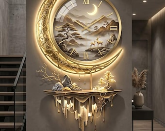 Luxury Moon Wall Clock, Modern LED Wall Decor, Crescent Moon Clock, 3D Mountain Landscape Wall Art, Elegant Living Room