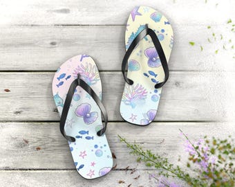 Pastel Seashell and Coral Flip Flops | Beach Floral Pattern