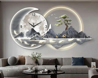 Modern LED Mountain Clock, Moon Landscape Wall Art, Silent Nordic Decor