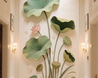 3D Lotus Wall Mural, Large Lotus Flower Wall Decor, Botanical Wall Art, Luxury Entryway Wall Design, Zen Nature Wall Panel, Modern Floral