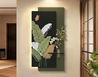 Modern Botanical Wall Art, 3D Leaf Wall Decor, Luxury Green Plant Panel, Contemporary Entryway Wall Hanging, Minimalist Nature