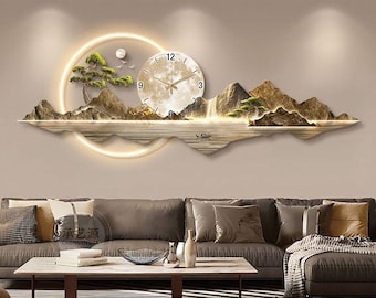 Modern Mountain Wall Clock, Large 3D Wall Art Clock, LED Landscape Wall Decor, Luxury Living Room Decoration, Nature
