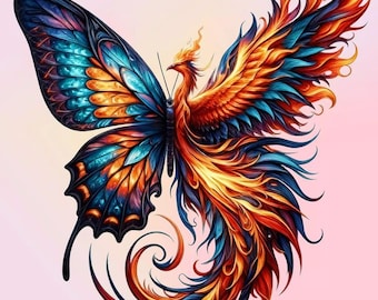 Phoenix Butterfly Digital Art PNG | Fire Bird Butterfly Fantasy Design | Colorful Mythical Tattoo Art | Printable Wall Decor | Instant