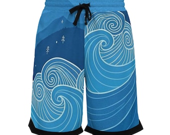 Blue Wave Mountain Pattern Basketball Shorts | Ocean Swirl AOP