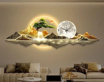 Modern 3D Wall Clock Art, Mountain Landscape Wall Decor, LED Light Wall Clock, Large Living Room Wall Art, Luxury Home Decoration