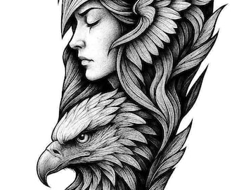 Valkyrie Warrior Tattoo PNG | Norse Goddess Eagle Art | Viking Woman Digital Design | Black and Grey Tattoo Flash | Instant Download