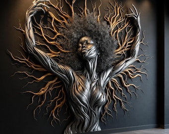 African Woman Tree of Life Wall Art, Digital Download, Black Woman Artwork, Luxury 3D Botanical Decor, Modern Afro Wall Print, Spiritual
