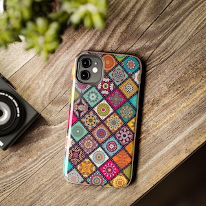 Etui na iPhone'a w stylu boho patchwork, kolorowy geometryczny wzór boho, okładka w stylu vintage