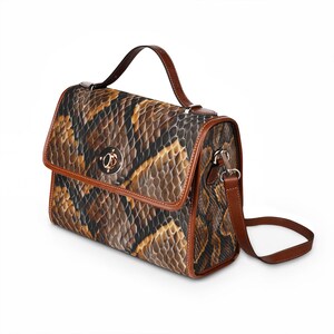 Brown Python Print Waterproof Canvas Bag | Snake Skin Pattern Satchel