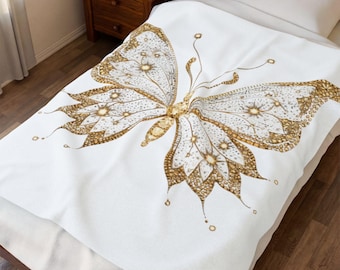 Gold Floral Butterfly Velveteen Plush Blanket | Elegant Boho Nature Throw