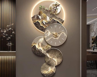 Modern Abstract Wall Clock, Luxury LED Wall Decor, Mountain Landscape Clock Art, Contemporary Living Room Wall Decoration