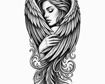 Phoenix Woman Tattoo PNG | Elegant Goddess Bird Art | Black and Grey Fantasy Tattoo Design | Printable Wall Decor | Instant Download
