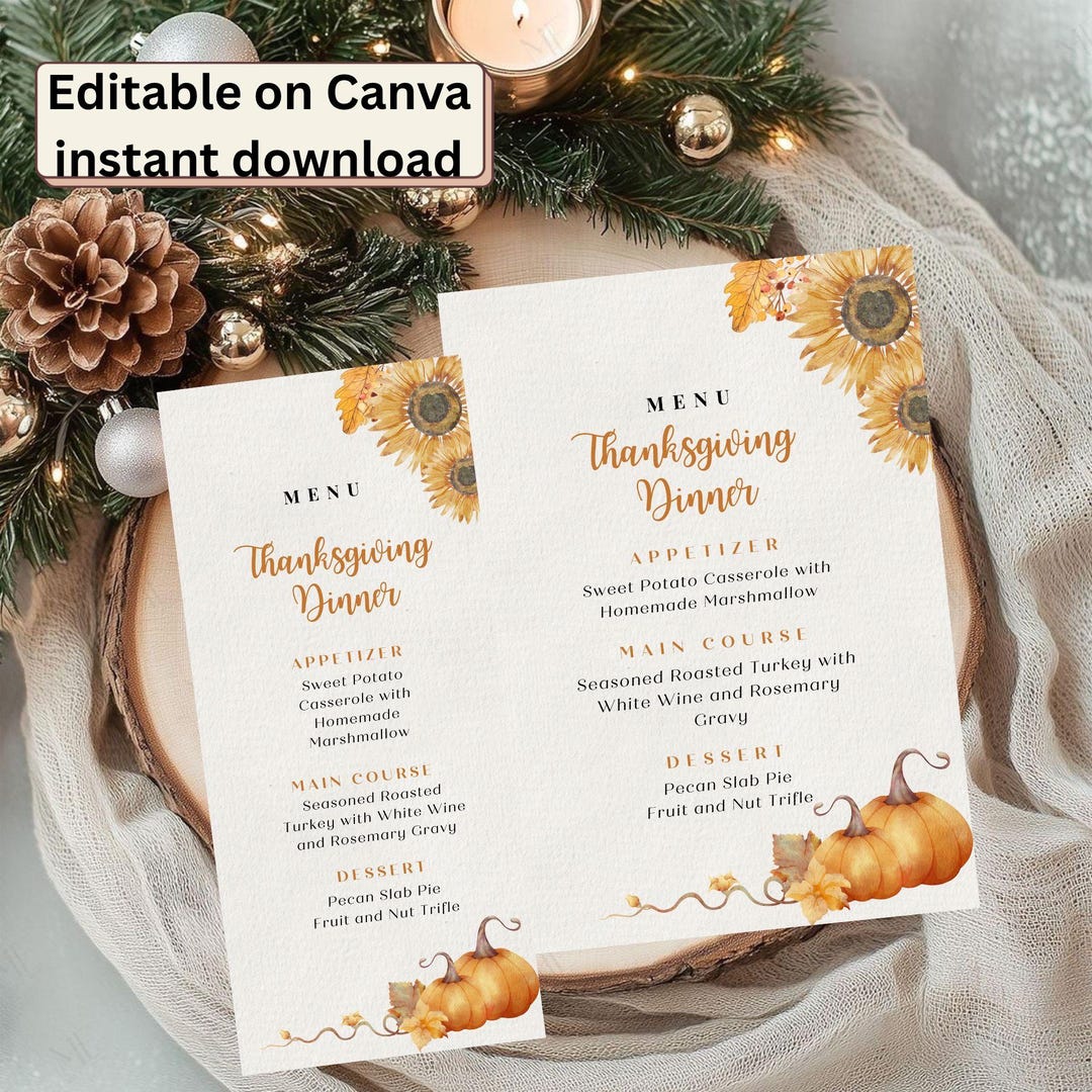 Thanksgiving Menu Pdf Thanksgiving Dinner Menu Template, Sunflower Pumpkin Design (PDF) - Etsy