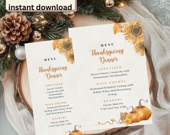 Thanksgiving Dinner Menu Template, Sunflower Pumpkin Design (PDF)