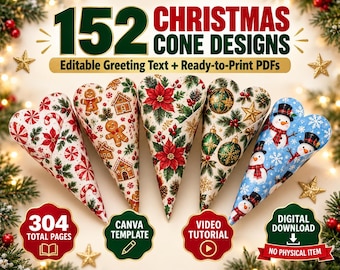 152 Christmas Cone Templates, Editable Greeting Text, Holiday Party Favors (Digital Download)