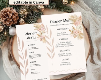 Boho Pampas Grass Wedding Menu Template | Editable Dinner Menu (PDF)