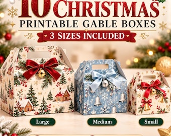 May include: Three printable gable boxes in large, medium, and small sizes featuring Christmas designs. The large and small boxes have a cream background with houses and trees, while the medium box is blue with snowflakes and bells.