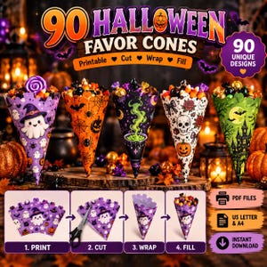 Może przedstawiać: Zestaw 90 drukowalnych rożków na słodycze na Halloween z różnymi wzorami, takimi jak duchy, dynie, czaszki i nawiedzone domy. Obraz przedstawia pięć wypełnionych rożków oraz czterostopniową instrukcję drukowania, wycinania, zwijania i napełniania.