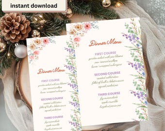 Floral Dinner Menu Template, Editable Wedding Menu Card (PDF file)