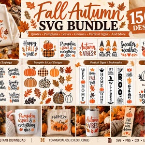 Puede incluir: Una colección digital de más de 150 diseños SVG con temática de otoño que incluyen calabazas, hojas, gnomos y frases estacionales. El paquete incluye varios formatos de archivo como SVG, PNG, DXF, EPS y AI para proyectos de manualidades.