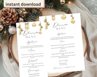 Gold holiday dinner menu | Christmas bells luxury menu card | editable in Canva