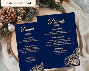 Elegant Navy Blue and Gold Dinner Menu Template (Printable PDF)