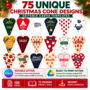 75 plantillas editables para conos navideños, soportes para dulces de Canva (descarga digital)