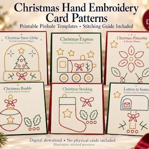 Op de afbeelding: Een verzameling van zes kerst-handborduurpatronen voor kaarten met gestikte ontwerpen zoals een sneeuwbol, trein, kerstster, kerstbal, kous en brievenbus. De tekst luidt Christmas Hand Embroidery Card Patterns, 30 Designs en aanvullende informatie.