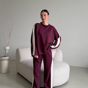 Women's Wide Leg Culotte Tracksuit Set, Three Thread Loop Fabric Two Piece Outfit