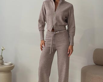 Angora Knit Set, Two-Piece Outfit, Zip Sweater, Wide Pants