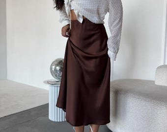 Silk Midi Skirt, High-Waist Satin Slip, Plus Size