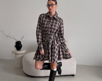 oversized flannel dress Brown Flannel Shirt Dress for Women