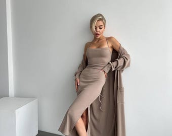 ribbed knit midi dress and cardigan set Olive Sweater Dress - Cardi & Dress Set - Cardigan Dress