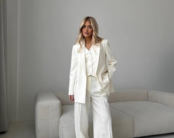Women's 3 Piece Suit Set, Elegant Blazer Vest Pants, High Waist