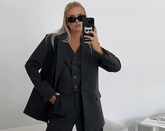 Womens 3-Piece Suit Set, Blazer Vest Pants, Elegant Office Wear