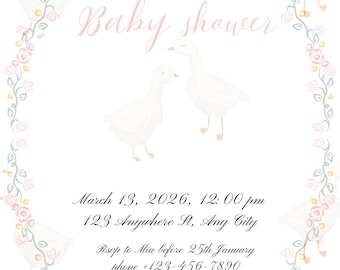 Goose Pink Floral Girl Baby Shower Invitation, Coquette Pink Bow Goose Digital Download, Canva