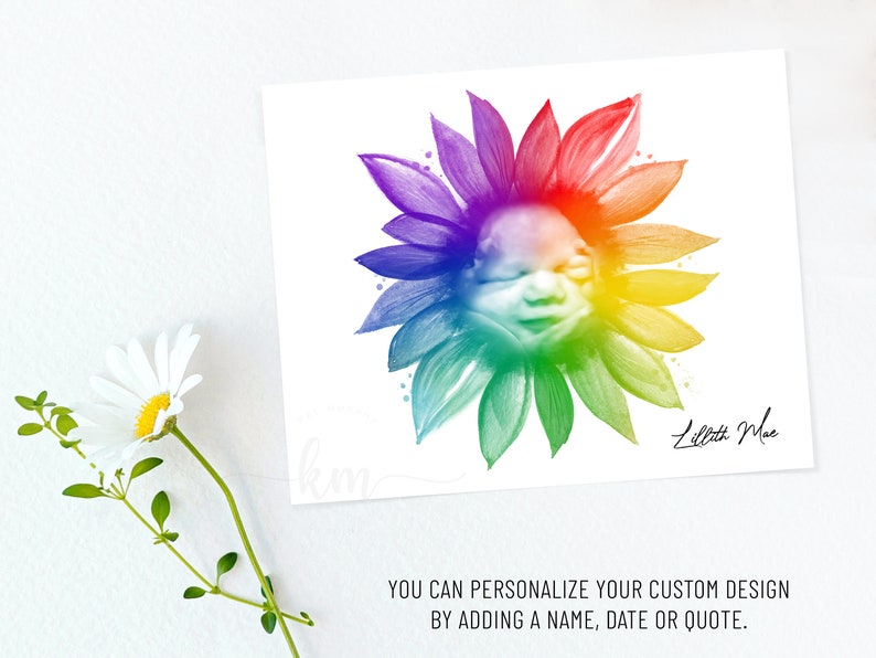 Pu&ograve; includere: Un girasole ad acquerello arcobaleno con il viso di un bambino al centro. Il girasole &egrave; su uno sfondo bianco con il nome "Lilith Mae" scritto in corsivo nero.