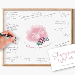 Puede incluir: Un libro de visitas para baby shower enmarcado con un diseño de acuarela y el texto "Blessings for Ava". La imagen incluye un bolígrafo, una tarjeta que dice "Share your Wishes" y mensajes escritos a mano.