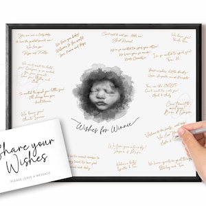 Puede incluir: Un recuerdo de bebé enmarcado con un retrato en acuarela y deseos escritos a mano. Las palabras "Wishes for Winnie" están centradas debajo del retrato. Una tarjeta con el texto "Share your Wishes" está en primer plano.