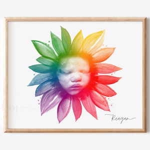 Pu&ograve; includere: Un girasole ad acquerello arcobaleno con il viso di un bambino al centro. Il girasole &egrave; circondato da uno sfondo bianco e il nome "Reagan" &egrave; scritto in corsivo in basso.