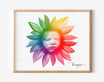 Regenbogen Baby 3D Ultraschall Kunst, Sonnenblume Aquarell 4D Sonogramm Druck, Benutzerdefinierte Baby Andenken, Baby-Dusche-Geschenk, neue Mutter Kindergarten Fehlgeburt