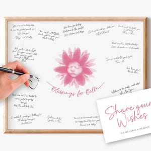 Puede incluir: Un libro de visitas enmarcado para baby shower con un diseño floral rosa y las palabras "Blessings for Bella". El marco es de madera clara. Una tarjeta dice "Share your Wishes". La imagen incluye mensajes escritos a mano.
