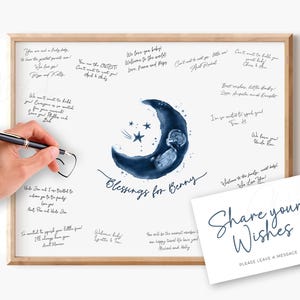 Puede incluir: Una impresión enmarcada con una ilustración de acuarela de una luna creciente y estrellas, con el texto "Blessings for Benny". La impresión está rodeada de mensajes escritos a mano. También hay una tarjeta con el texto "Share your Wishes".
