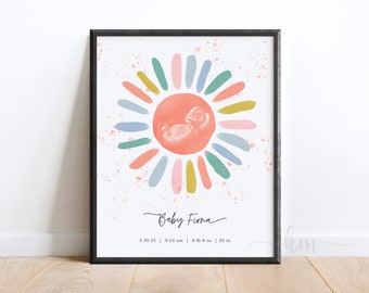 Aquarell Ultraschallbild Kunstdruck, Boho Sonne Kunstdruck, Regenbogen Baby Shower Geschenk, Gender Reveal, Sonogramm Geschenke, Personalisiert, Schwangerschaft Geschenk